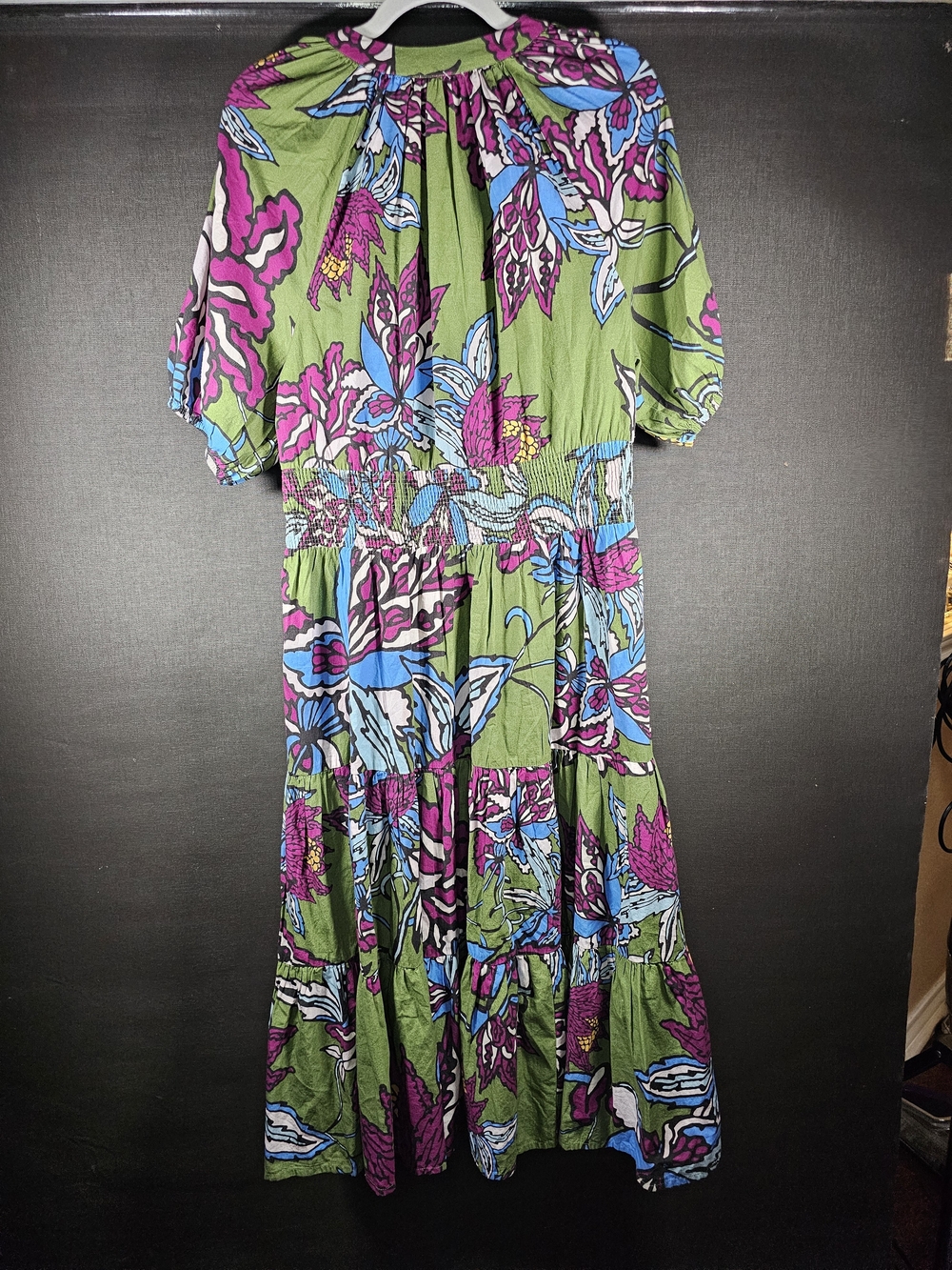 Anthropologie Olive Green Floral Midi Dress with Purple & Blue Accents - Picture 5 of 7